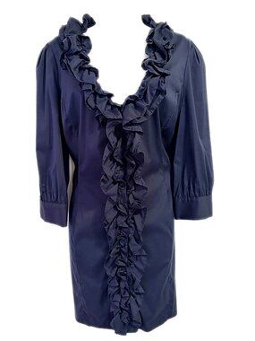 Flavio Castellani Dress Navy Blue Cotton Shirt Dress Ruffled Mini size 8